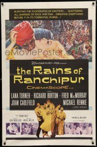 8e699 RAINS OF RANCHIPUR 1sh '55 Lana Turner, Richard Burton, rains couldn't wash their sin away!