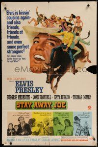 8e825 STAY AWAY JOE 1sh '68 McGinnis art of Elvis Presley riding bull with lots of sexy girls!