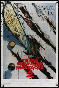 8e861 TEXAS CHAINSAW MASSACRE PART 2 door style 1sh '86 Tobe Hooper horror sequel, cool Huston art!