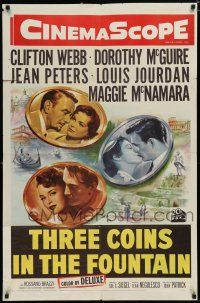 8e873 THREE COINS IN THE FOUNTAIN 1sh '54 Clifton Webb, Dorothy McGuire, Jean Peters, Louis Jourdan