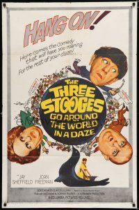 8e876 THREE STOOGES GO AROUND THE WORLD IN A DAZE 1sh '63 wacky art of Moe, Larry & Curly-Joe!