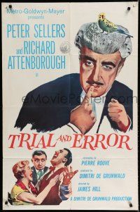 8e899 TRIAL & ERROR 1sh '63 wacky art of Peter Sellers wearing wig with a bird on his head!