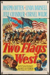 8e908 TWO FLAGS WEST 1sh '50 cool Civil War art, plus Joseph Cotten, Linda Darnell & Cornel Wilde!