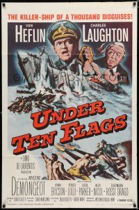 8e913 UNDER TEN FLAGS 1sh '60 art of Van Heflin, Charles Laughton & sexy Mylene Demongeot!