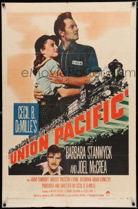 8e915 UNION PACIFIC 1sh R58 Cecil B. DeMille, Barbara Stanwyck, Joel McCrea & cool train art!