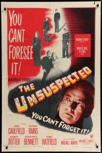8e916 UNSUSPECTED 1sh '47 Joan Caulfield, Claude Rains, you can't forsee it, you can't forget it!