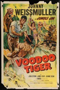 8e935 VOODOO TIGER 1sh '52 great art of Johnny Weissmuller as Jungle Jim vs lion & tiger!