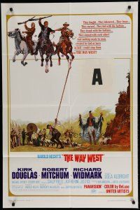 8e953 WAY WEST style B 1sh '67 Kirk Douglas, Robert Mitchum, Widmark, art of frontier justice!