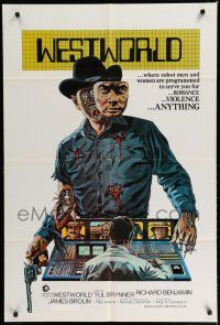 8e959 WESTWORLD 1sh '73 Michael Crichton, cool art of cyborg cowboy Yul Brynner by Neal Adams!