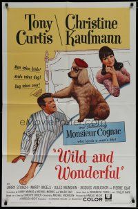 8e970 WILD & WONDERFUL 1sh '64 wacky image of Tony Curtis, Christine Kaufmann, & Monsieur Cognac!