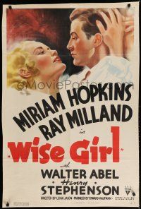 8e977 WISE GIRL 1sh '37 great full art of artist Ray Milland grabbing pretty Miriam Hopkins!