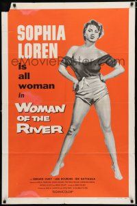 8e982 WOMAN OF THE RIVER 1sh R57 La Donna del fiume, full-length art of sexiest Sophia Loren!