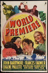 8e986 WORLD PREMIERE style A 1sh '41 wacky John Barrymore & sexy Frances Farmer in front of globe!