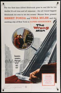 8e989 WRONG MAN 1sh '57 Henry Fonda, Vera Miles, Alfred Hitchcock, cool rear view mirror art!