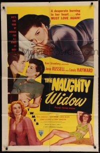 8e995 YOUNG WIDOW 1sh R52 Louis Hayward, sexy Jane Russell as The Naughty Widow!