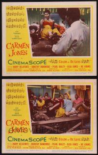 8f885 CARMEN JONES 2 LCs '56 Dorothy Dandridge getting legs held by Harry Belafonte, catfighting!