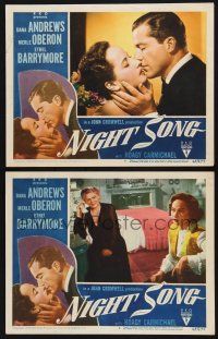 8f947 NIGHT SONG 2 LCs '48 close images of Dana Andrews & Merle Oberon, w/ Ethel Barrymore!