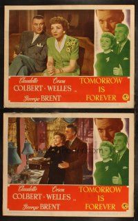 8f983 TOMORROW IS FOREVER 2 LCs '45 Claudette Colbert & George Brent, border art of Orson Welles!