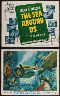 8f386 SEA AROUND US 8 LCs '53 really cool art of scuba divers and undersea creatures!