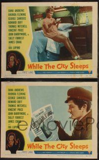 8f754 WHILE THE CITY SLEEPS 4 LCs '56 Fritz Lang, Andrews, Fleming, Duff, John Barrymore Jr.