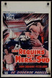 8g575 HELL SHIP MUTINY Belgian '57 Jon Hall kisses tropical beauty, John Carradine, Peter Lorre