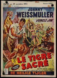 8g631 VOODOO TIGER Belgian '52 great art of Johnny Weissmuller as Jungle Jim vs lion & tiger!