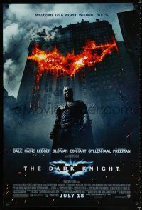 8j182 DARK KNIGHT advance DS 1sh '08 Christian Bale as Batman in front of flaming building!