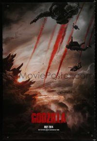 8j288 GODZILLA teaser DS 1sh '14 image of soldiers parachuting over monster & burning city!
