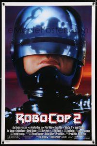 8j629 ROBOCOP 2 1sh '90 super close up of cyborg policeman Peter Weller, sci-fi sequel!