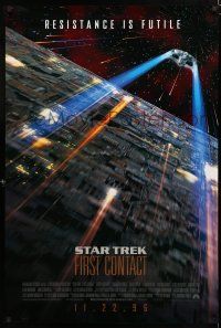 8j718 STAR TREK: FIRST CONTACT int'l advance DS 1sh '96 starship Enterprise above Borg cube!