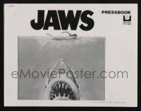 8k555 JAWS pressbook '75 art of Steven Spielberg's classic man-eating shark attacking sexy swimmer