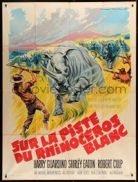 8m947 RHINO French 1p '64 different Roger Soubie art of rhinos stampeding toward big game hunters!