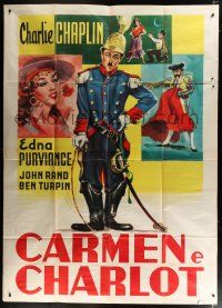 8m697 BURLESQUE ON CARMEN Italian 2p R50s great different art of Charlie Chaplin & Edna Purviance!