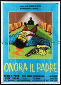 8m715 HONOR THY FATHER Italian 2p '73 cool art of dead man with gun on meeting table by Spagnoli!