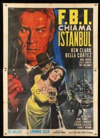 8m748 NONE BUT THE LONELY SPY Italian 2p '64 cool Casaro art of sexy girl grabbed by man with gun!