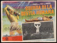 8m539 WAR OF THE COLOSSAL BEAST Mexican LC '58 art & photo of monster holding bus over his head!