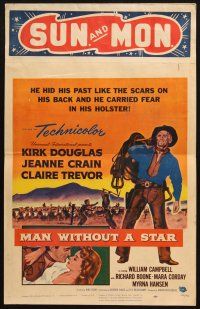 8m328 MAN WITHOUT A STAR WC '55 art of cowboy Kirk Douglas carrying saddle, Jeanne Crain!
