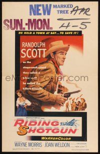 8m379 RIDING SHOTGUN WC '54 great image of cowboy Randolph Scott with smoking gun!