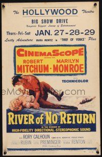 8m380 RIVER OF NO RETURN WC '54 great artwork of Robert Mitchum holding down sexy Marilyn Monroe!