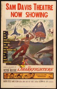 8m400 SHARKFIGHTERS WC '56 Victor Mature, cool artwork of man fighting sharks w/knife!