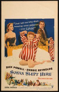8m429 SUSAN SLEPT HERE WC '54 great artwork of sexy Debbie Reynolds kneeling on bed!