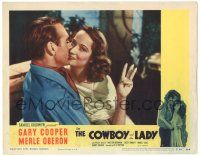 8p417 COWBOY & THE LADY LC #8 R54 c/u of Gary Cooper kissing Merle Oberon holding up 3 fingers!