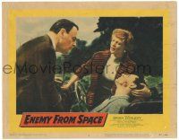 8p466 ENEMY FROM SPACE LC #8 '57 woman looks at Brian Donlevy examining dead body in car!