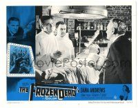 8p501 FROZEN DEAD LC #7 '66 Dana Andrews, mad scientists stand over unconscious man on table!