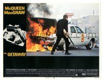 8p508 GETAWAY LC #5 '72 Steve McQueen with shotgun by burning police car, Sam Peckinpah classic!