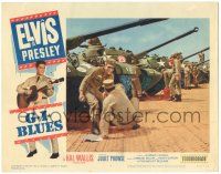 8p505 G.I. BLUES LC #4 '60 smiling soldier Elvis Presley helping guy next to tanks!
