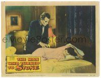 8p672 MAN WHO TURNED TO STONE LC #5 '57 creepy Friedrich von Ledebur attacks sleeping girl on bed!