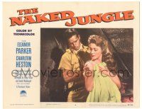 8p702 NAKED JUNGLE LC #4 '54 romantic close up of Charlton Heston & Eleanor Parker, George Pal