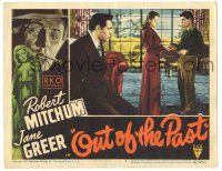8p730 OUT OF THE PAST LC #3 '47 guy watches Jane Greer talking to Dickie Moore, cool border art!