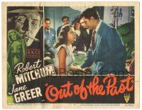 8p731 OUT OF THE PAST LC #6 '47 Robert Mitchum & Jane Greer stare lovingly at casino craps table!